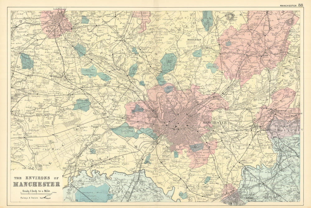 MANCHESTER & ENVIRONS Bolton Tameside Stockport Oldham antique map. BACON 1891
