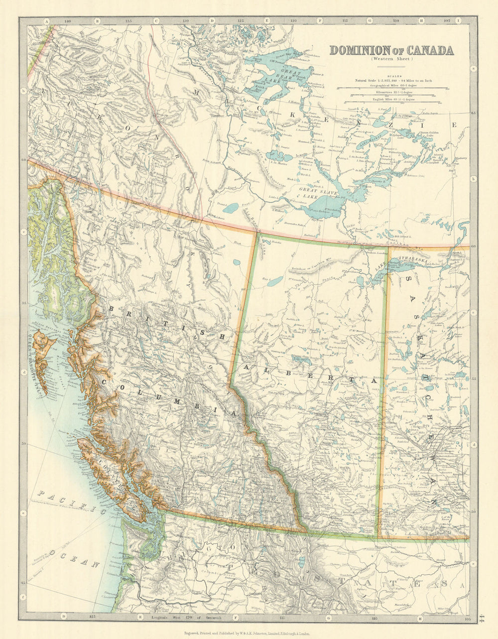 BRITISH COLUMBIA & ALBERTA. Railways. Vancouver Island. JOHNSTON 1913 old map