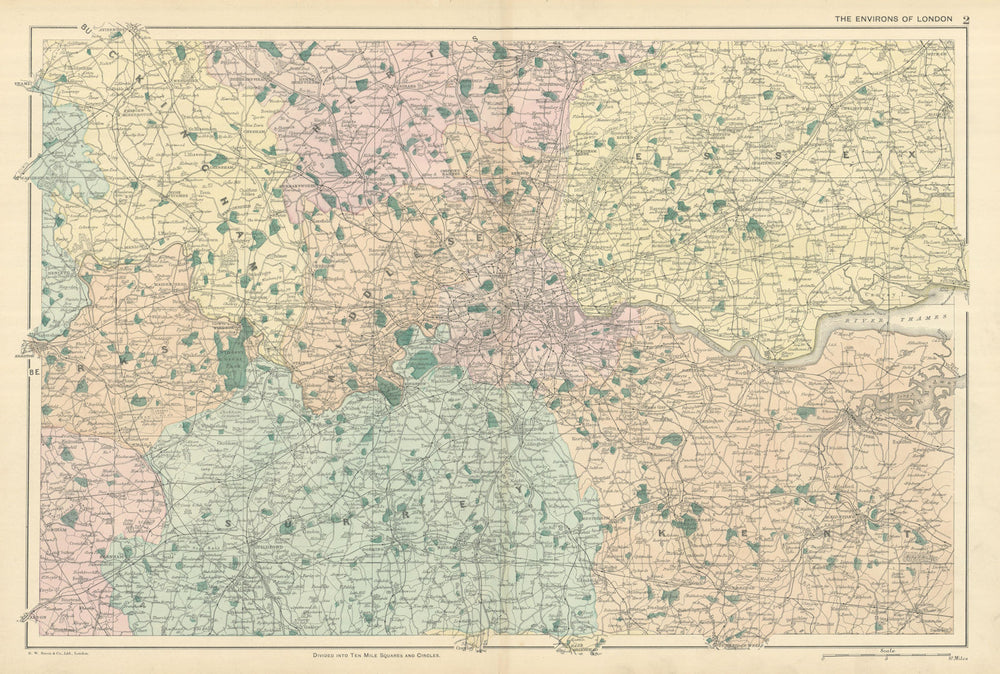 LONDON ENVIRONS. Home counties. Railways & parks. BACON 1898 old antique map