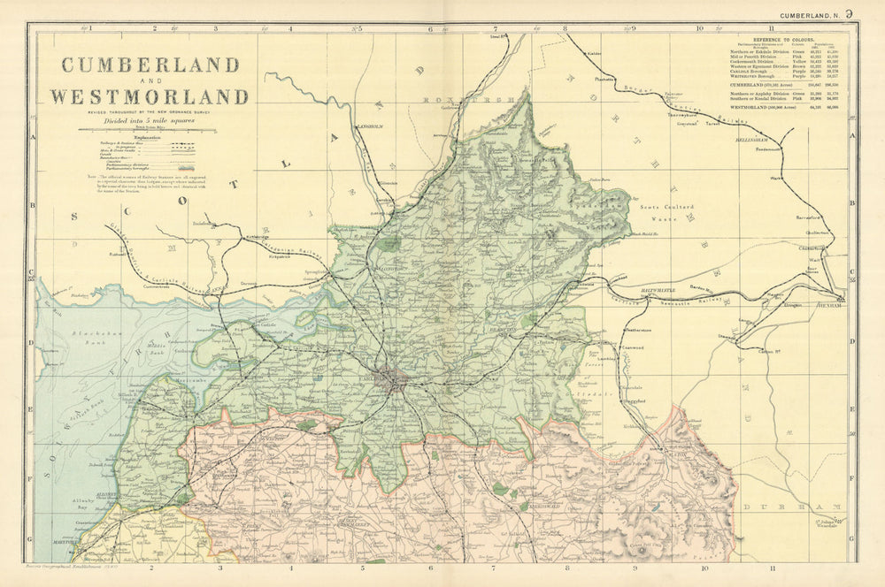 CUMBRIA & WESTMORLAND (North sheet) antique county map by GW BACON 1898