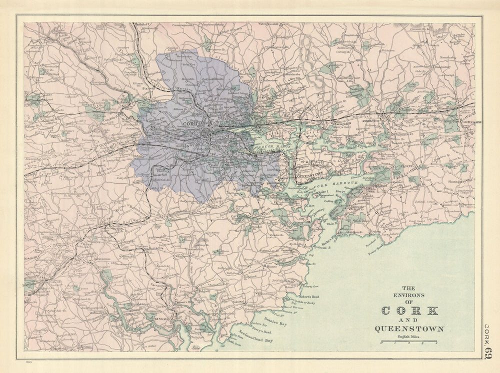 CORK & ENVIRONS Cobh Kinsale Bandon Castlemaine antique map by GW BACON 1898
