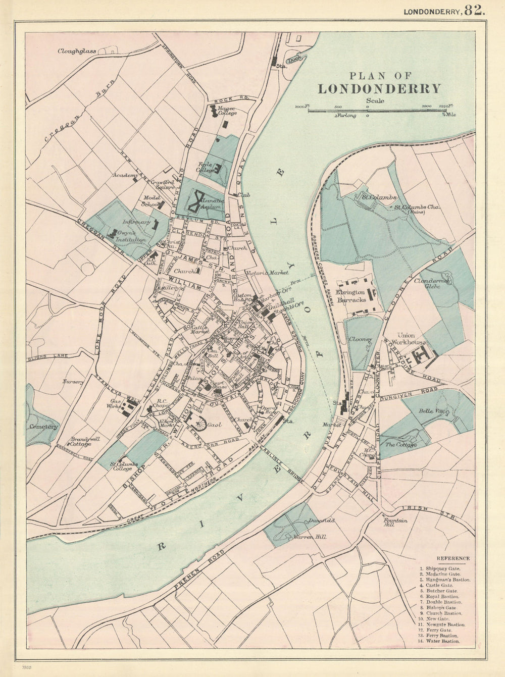 LONDONDERRY town city plan. Foyle Brandywell Dungiven Road. BACON 1898 old map