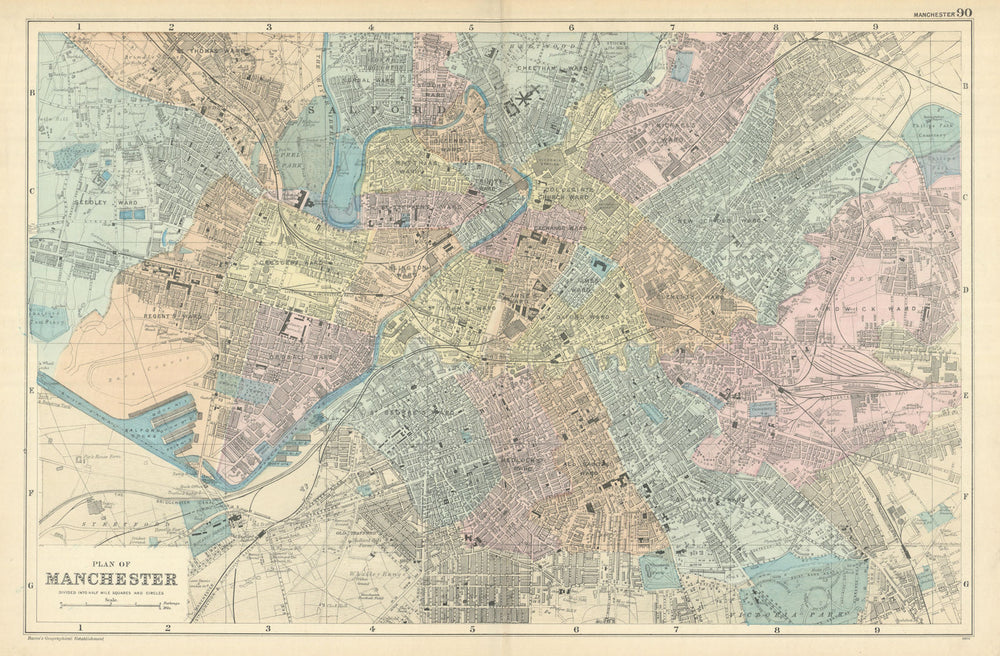 MANCHESTER Salford Trafford antique town city plan GW BACON 1898 old map