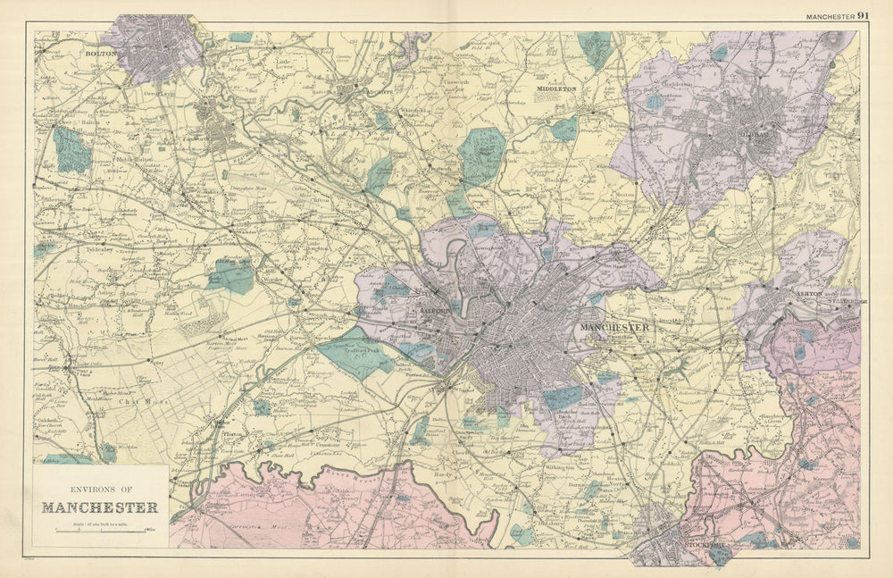 MANCHESTER & ENVIRONS Bolton Tameside Stockport Oldham antique map. BACON 1898