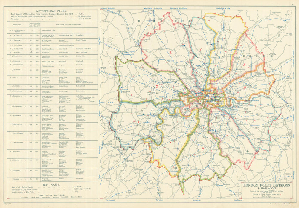 LONDON POLICE DIVISIONS & RAILWAYS showing Police stations. BACON 1919 old map