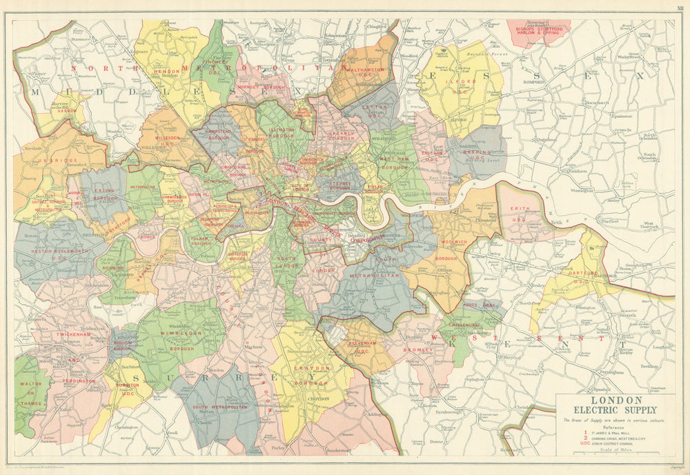 LONDON ELECTRICITY SUPPLY areas. Corporation. Metropolitan. BACON 1919 old map