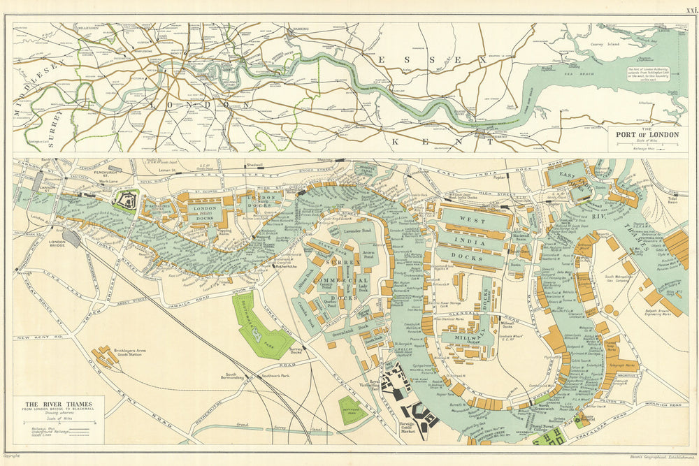 THE PORT OF LONDON showing wharves & docks. Thames. Vintage map. BACON 1919