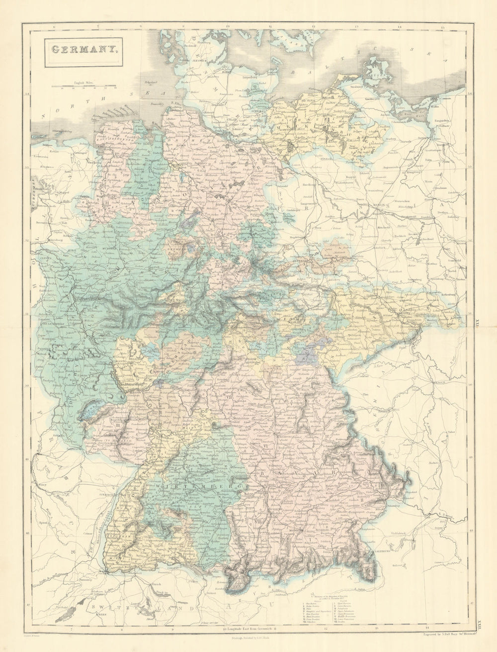Germany showing states, by SIDNEY HALL 1854 old antique vintage map plan chart