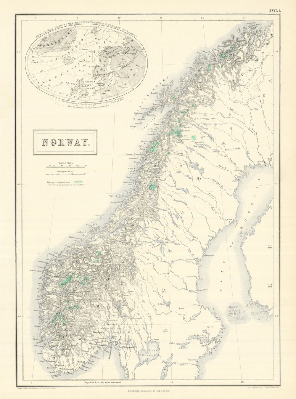 Norway showing "permanent snowfields" (glaciers) in green. BARTHOLOMEW 1854 map