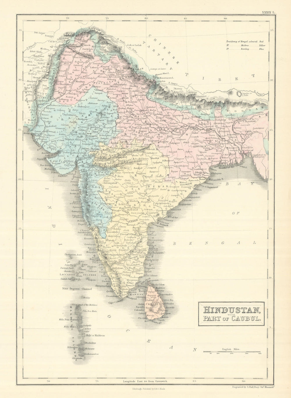 Hindustan with part of Caubul. British India & Afghanistan. SIDNEY HALL 1854 map