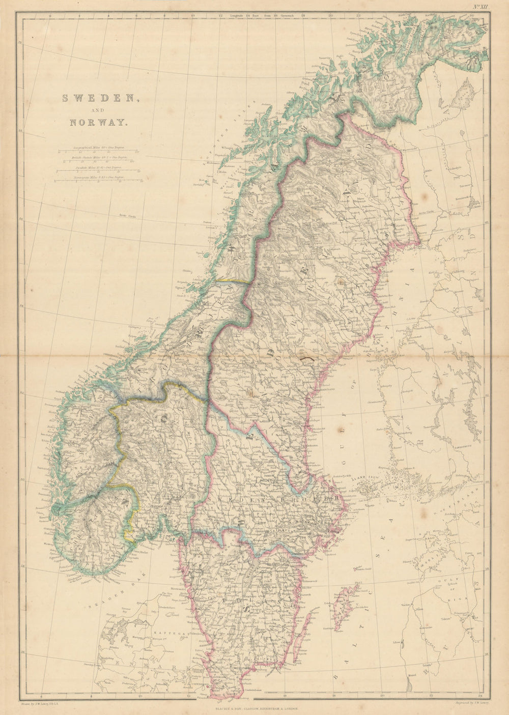 Sweden and Norway in provinces by Joseph Wilson Lowry 1860 old antique map