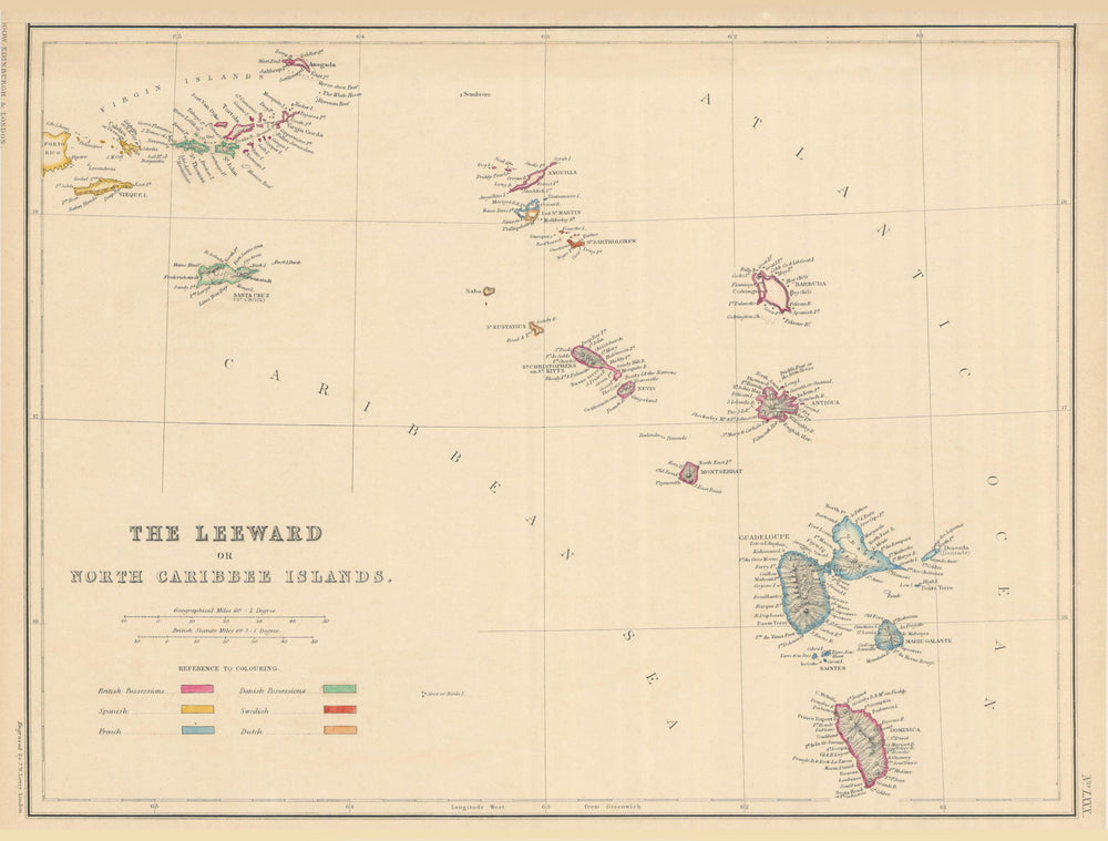 Leeward or North Caribbean Islands. Virgin Is. Antigua St. Kitts. LOWRY 1860 map