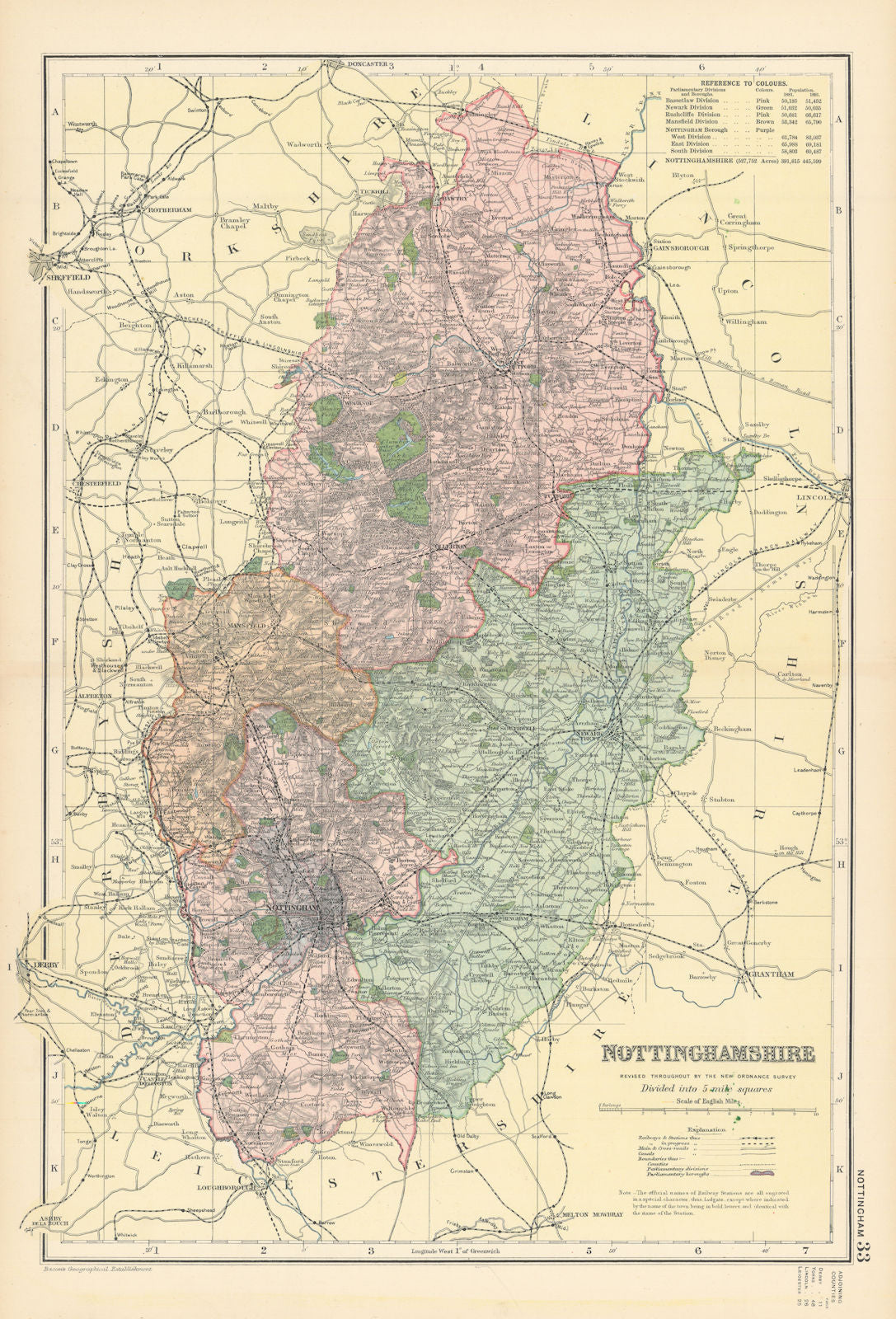 NOTTINGHAMSHIRE antique county map by GW BACON 1895 old plan chart ...