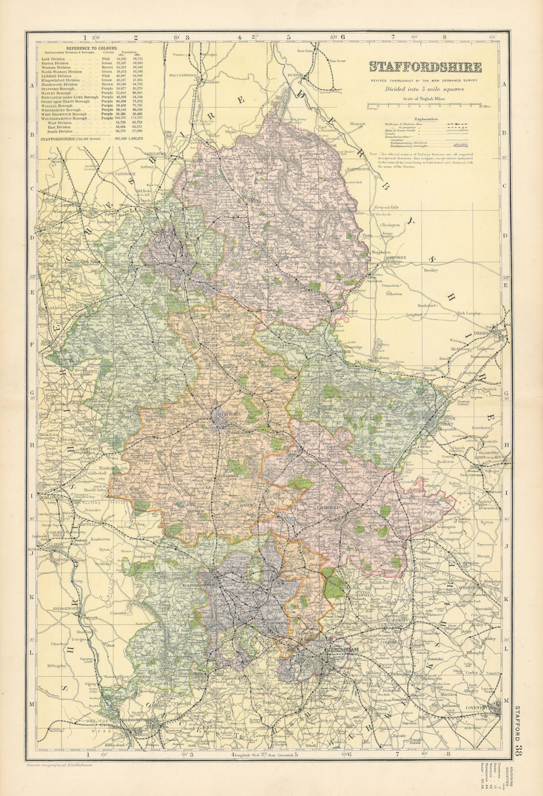 STAFFORDSHIRE antique county map by GW BACON 1895 old plan chart ...