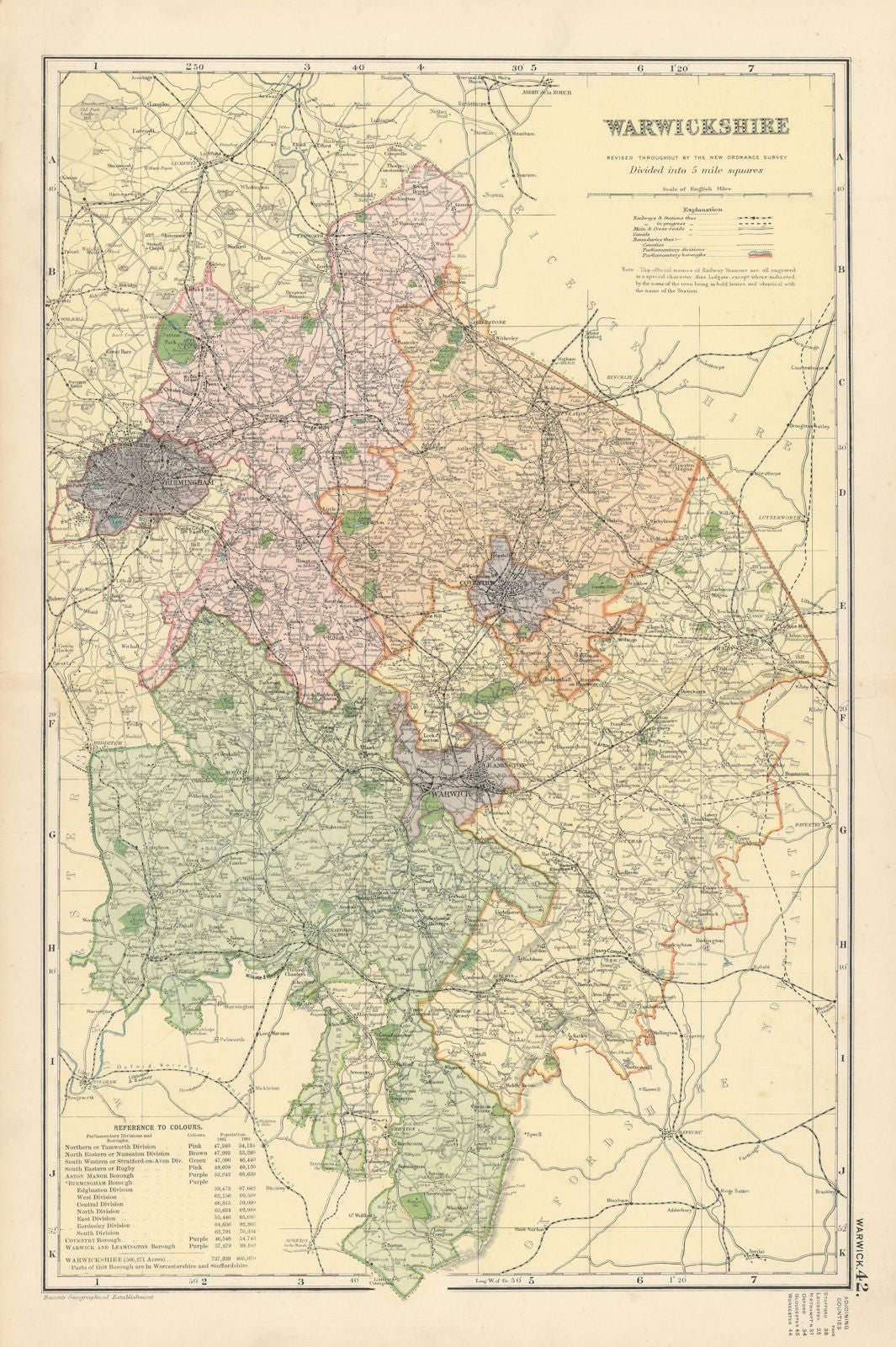 WARWICKSHIRE antique county map by GW BACON 1895 old plan chart ...