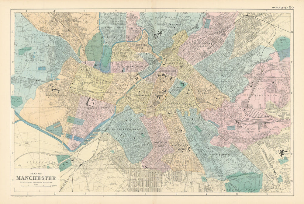 MANCHESTER Salford Trafford antique town city plan GW BACON 1895 old map