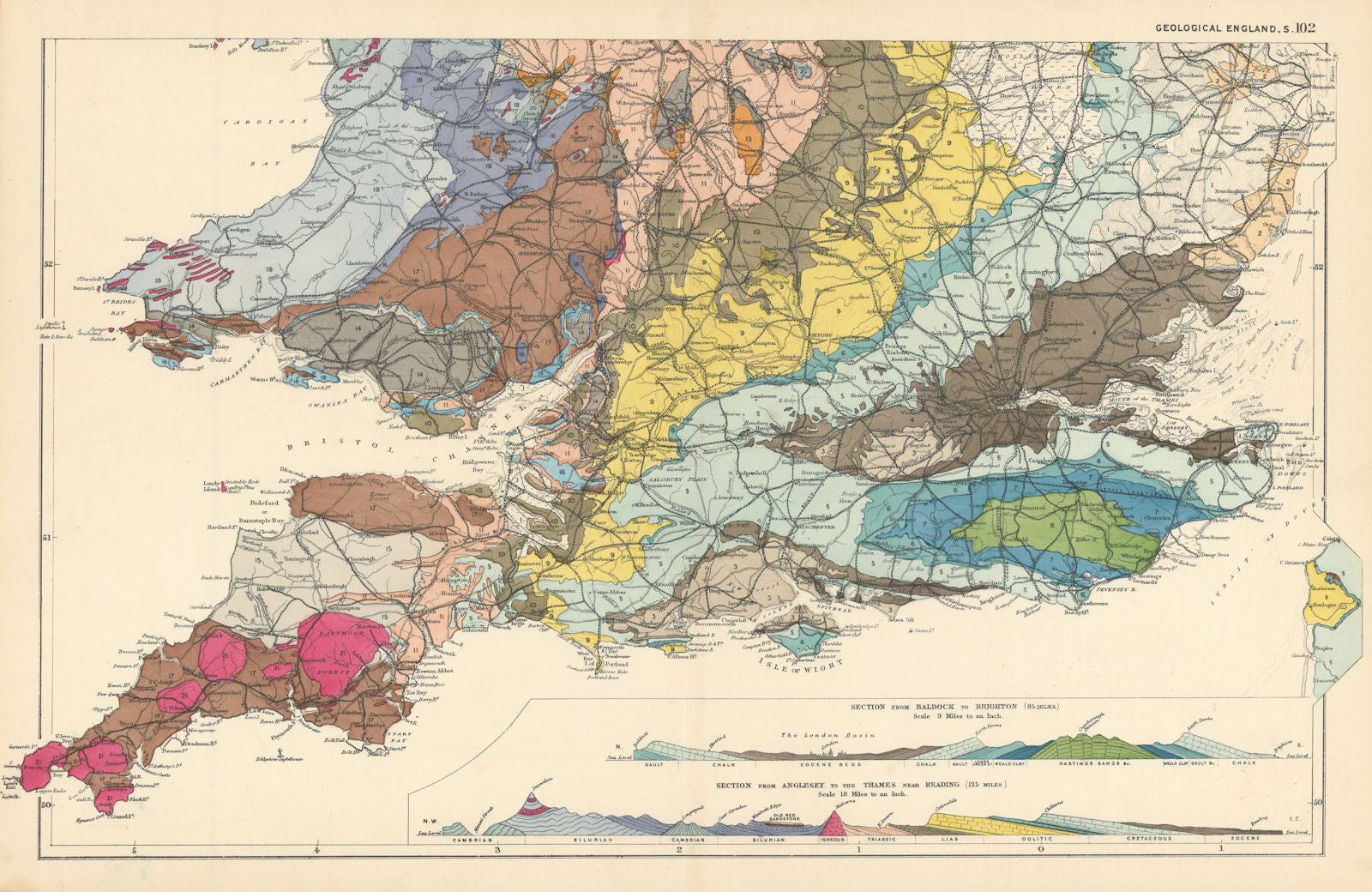GEOLOGICAL ENGLAND & WALES (South sheet) antique map by GW BACON 1895 ...