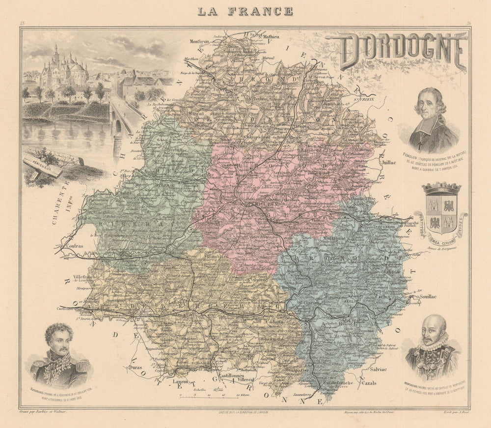 Dordogne département. Périgueux vignette. Vuillemin 1890 old antique map chart