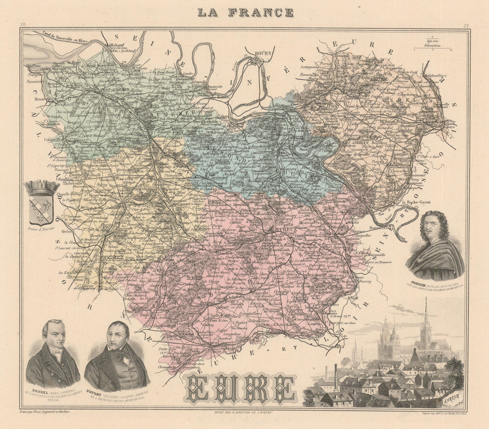 Eure département. Évreux vignette. Vuillemin 1890 old antique map plan chart