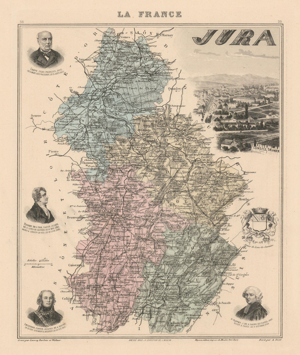 Jura département. Lons-le-Saunier vignette. Vuillemin 1890 old antique map
