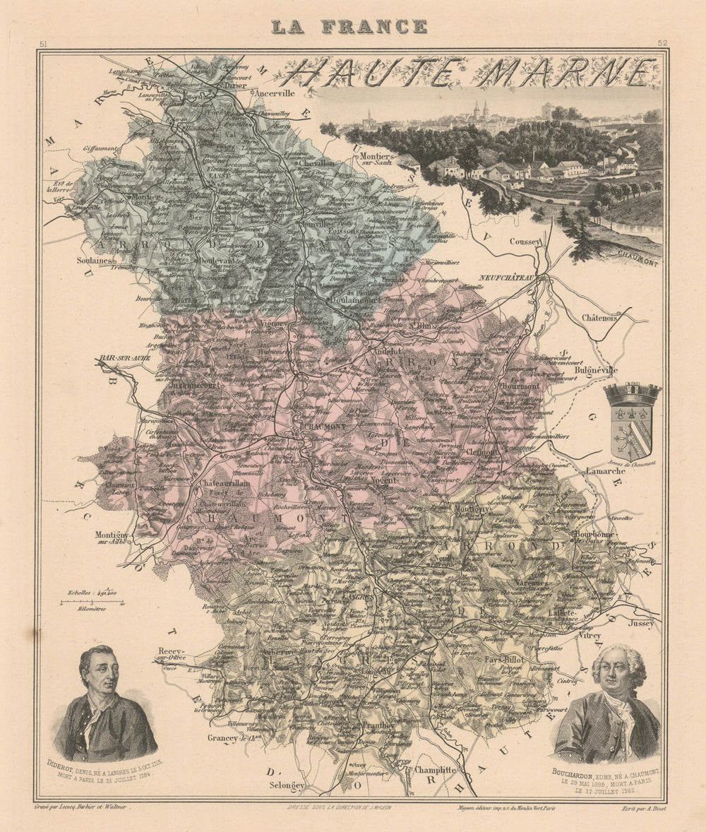Haute-Marne département. Chaumont vignette. Vuillemin 1890 old antique map