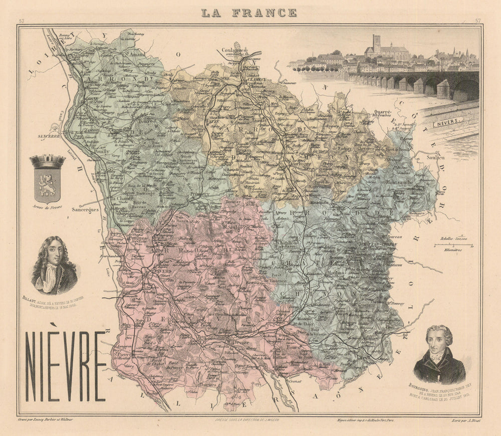 Nièvre département. Nevers vignette. Vuillemin 1890 old antique map plan chart