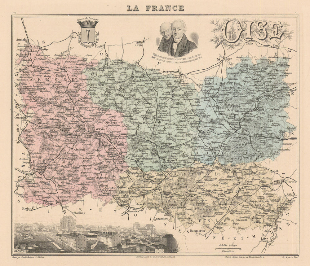 Oise département. Beauvais vignette. Vuillemin 1890 old antique map plan chart