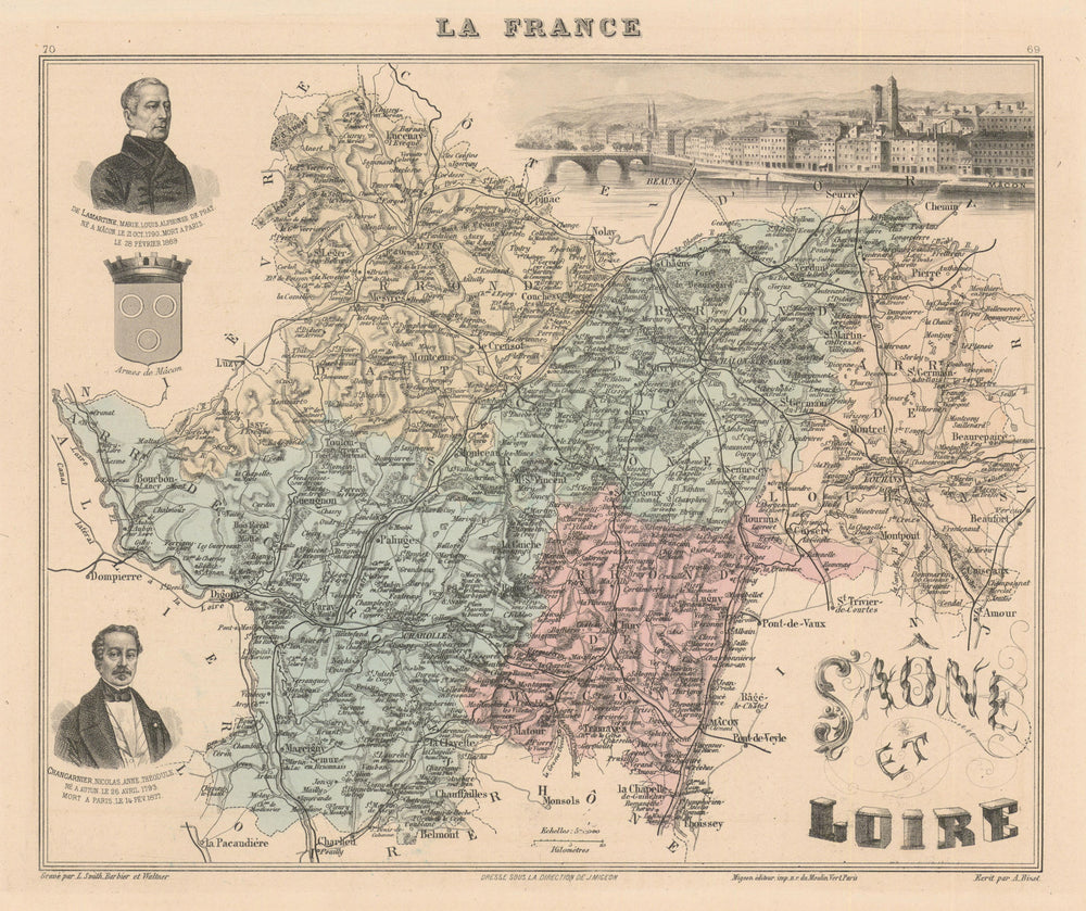 Saône-et-Loire département. Mâcon vignette. Vuillemin 1890 old antique map