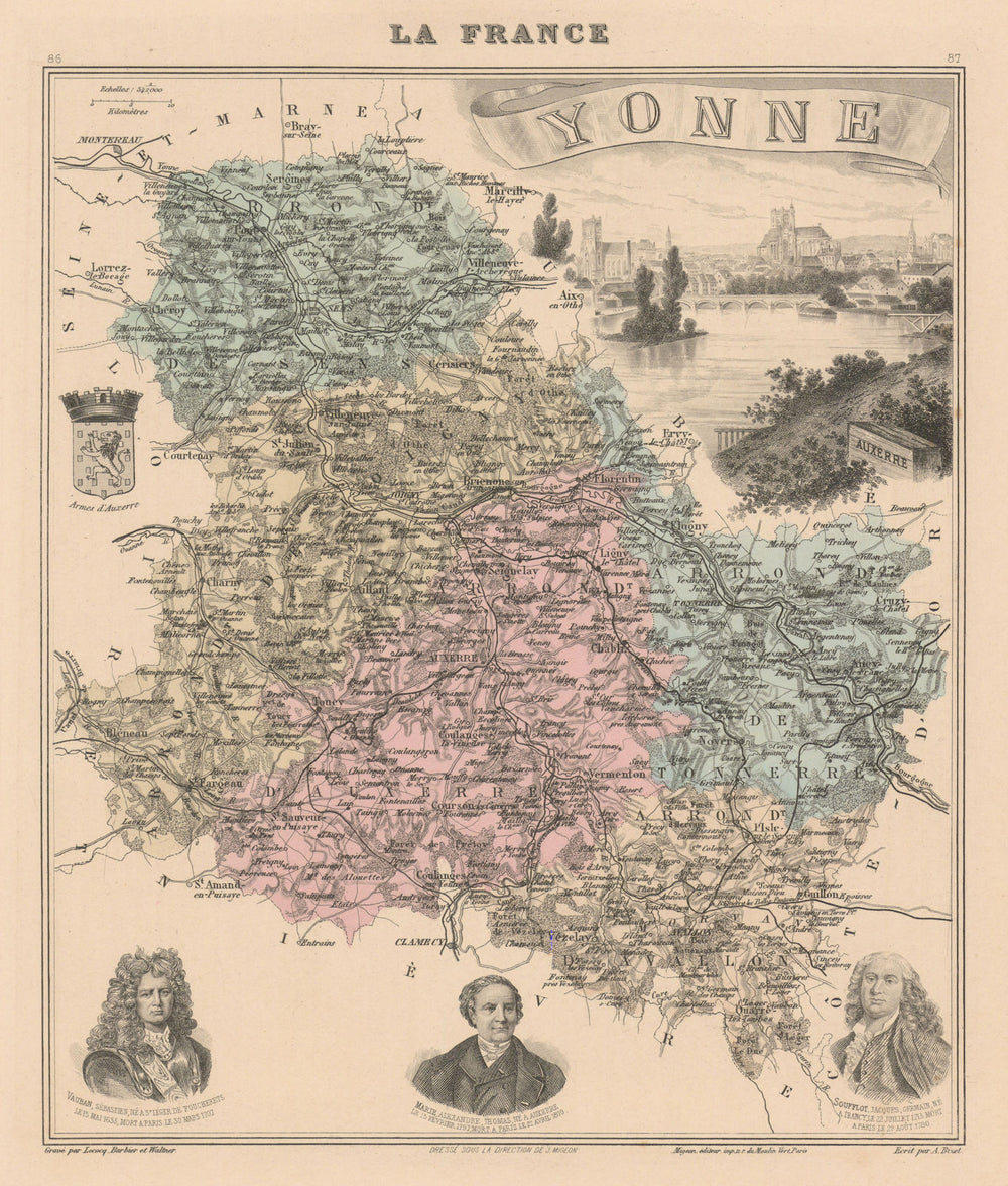Yonne département. Auxerre vignette. Vuillemin 1890 old antique map plan chart