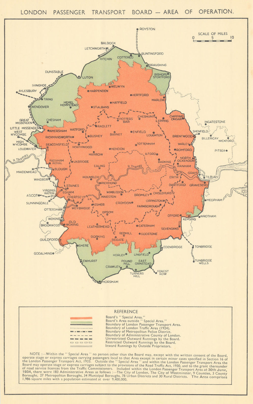 London Passenger Transport Board - Area of Operation 1934 old vintage map