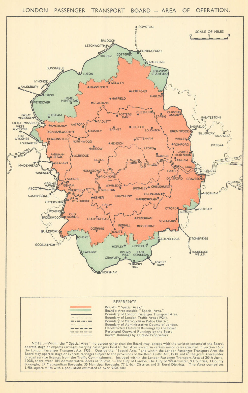 London Passenger Transport Board - Area of Operation 1935 old vintage map
