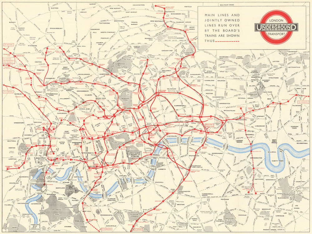 London Underground Transport tube map. London Passenger Transport Board 1935