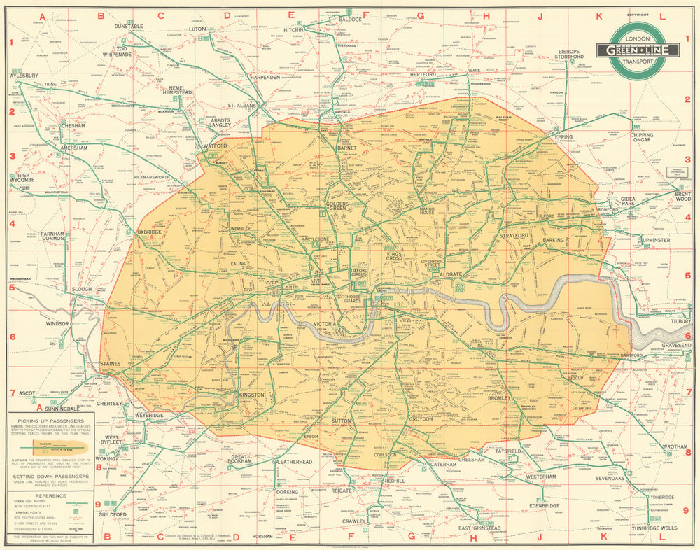 London Transport Green Line Coach routes Map. L.P.T.B./Mansfield 1934 (1935)