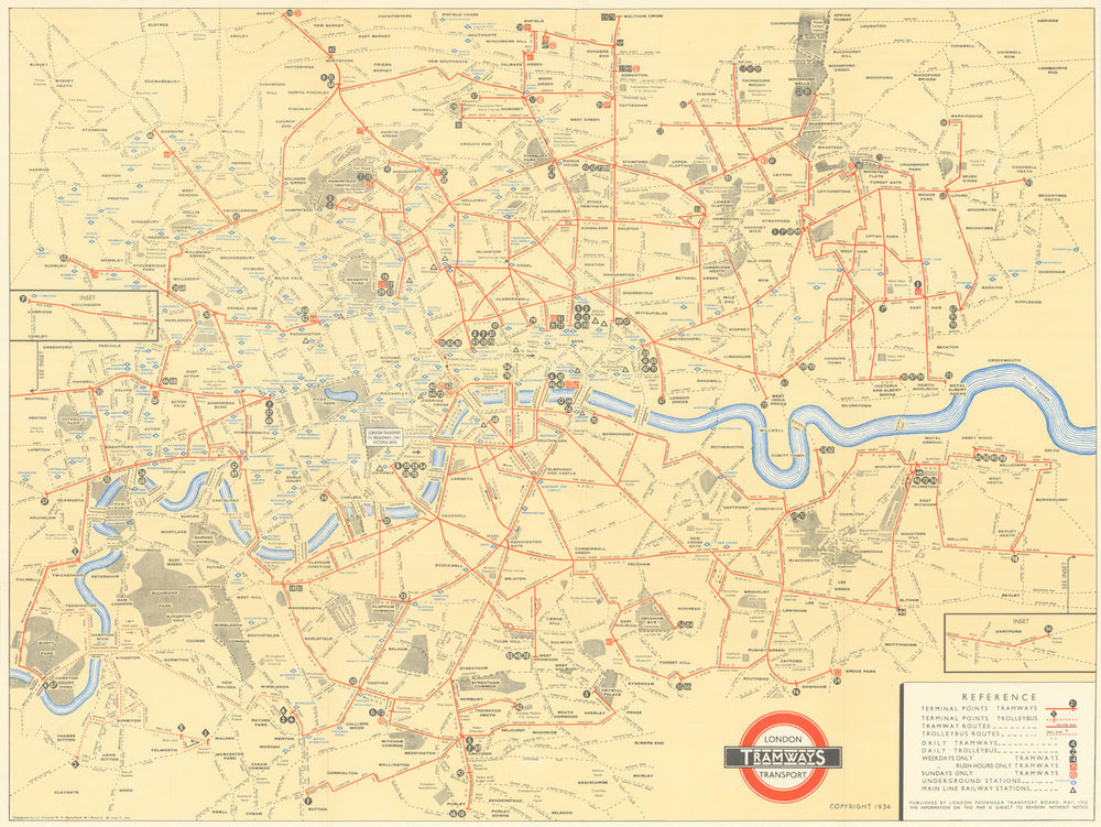 London Transport Tramways Map. London Passenger Transport Board/Mansfield 1935
