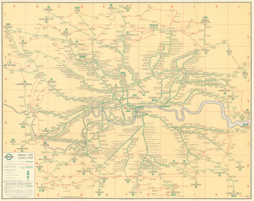 London Transport Green Line Coach system map. L.P.T.B. / Mansfield 1936