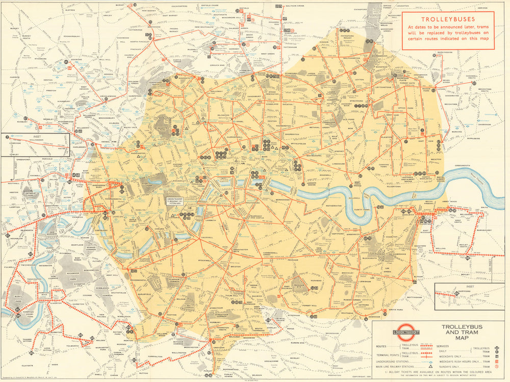 London Transport Trolleybus and Tram Map. L.P.T.B. / Mansfield 1934 (1936)