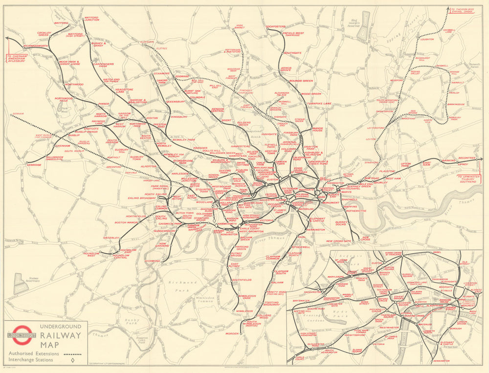 London Transport Underground Railway Map. Central Line & Northern Heights 1937