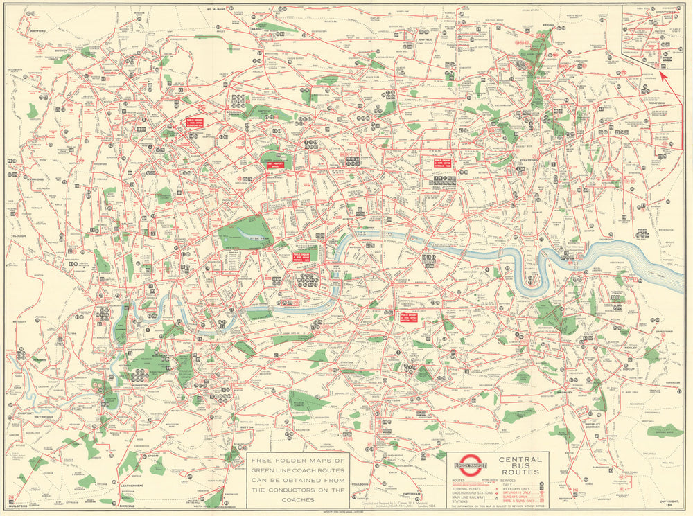 London Transport Central Bus Routes Map. L.P.T.B. / Mansfield 1934 (1937)
