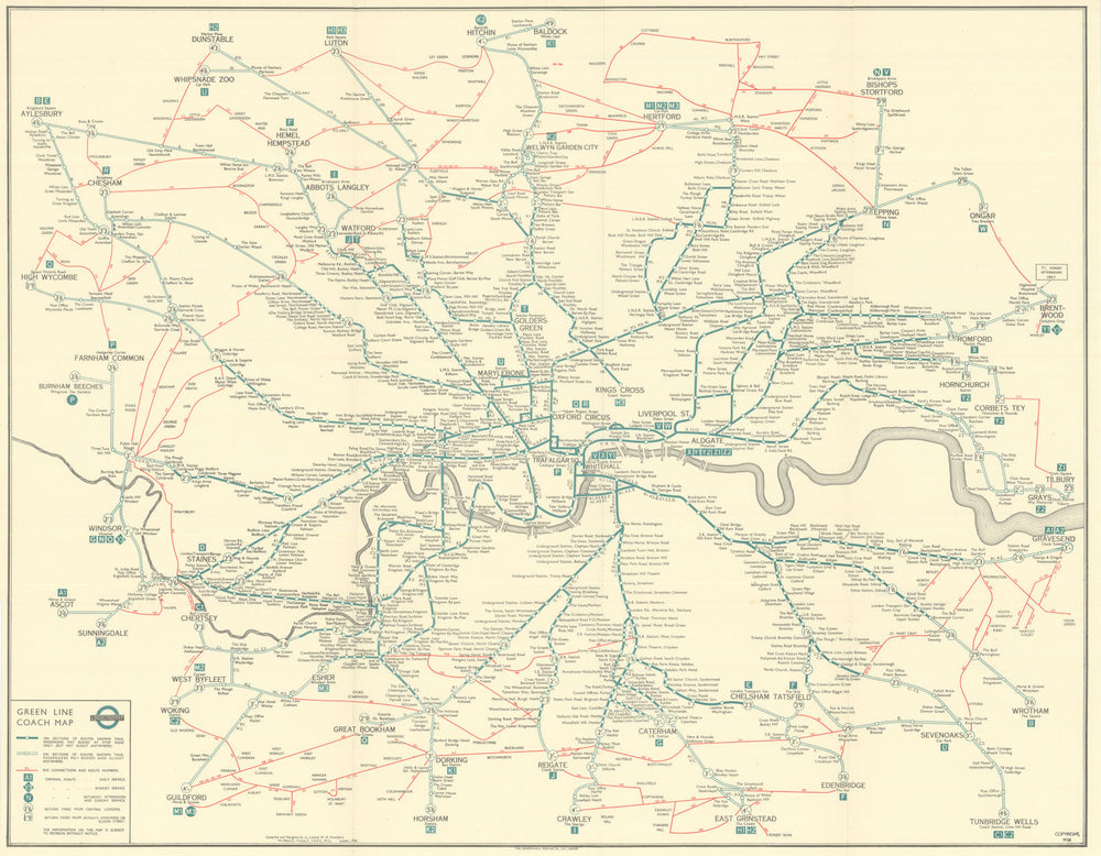 London Transport Green Line Coach System Map. L.P.T.B. / Mansfield 1936 (1937)