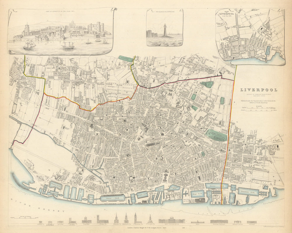 LIVERPOOL antique town city map. Inset 1650 view/1729 plan. Buildings. SDUK 1847