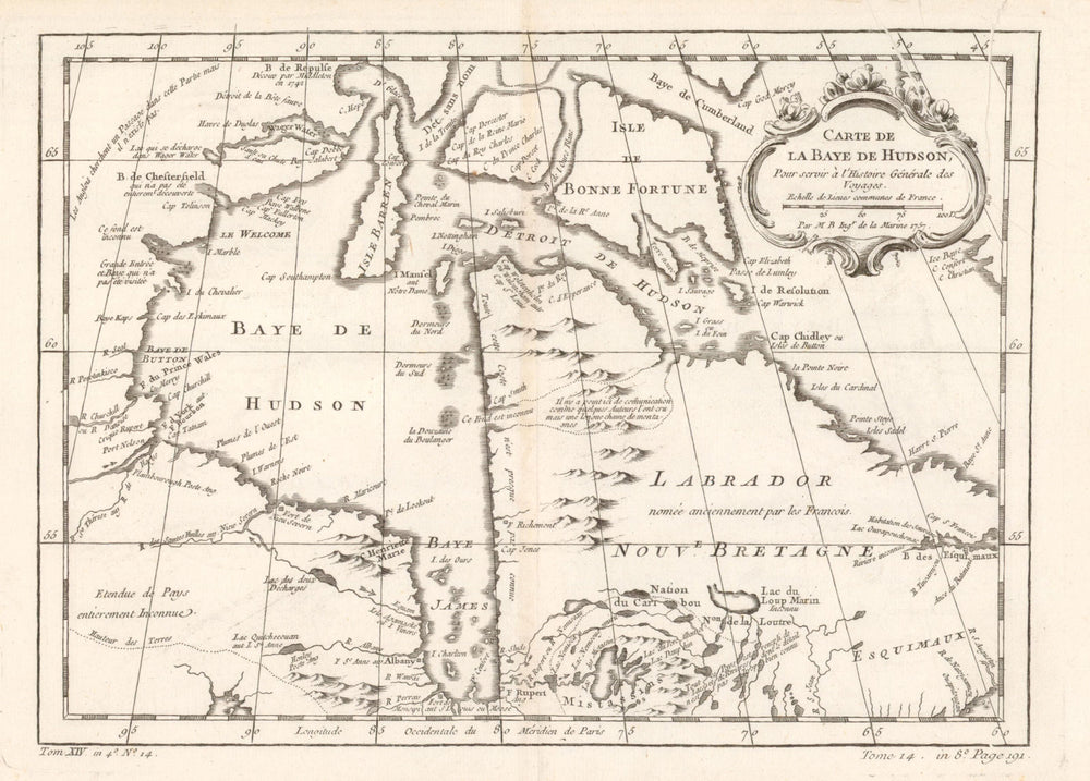 'Carte de la Baye de Hudson' by J-N BELLIN. Hudson Bay. Canada 1757 old map