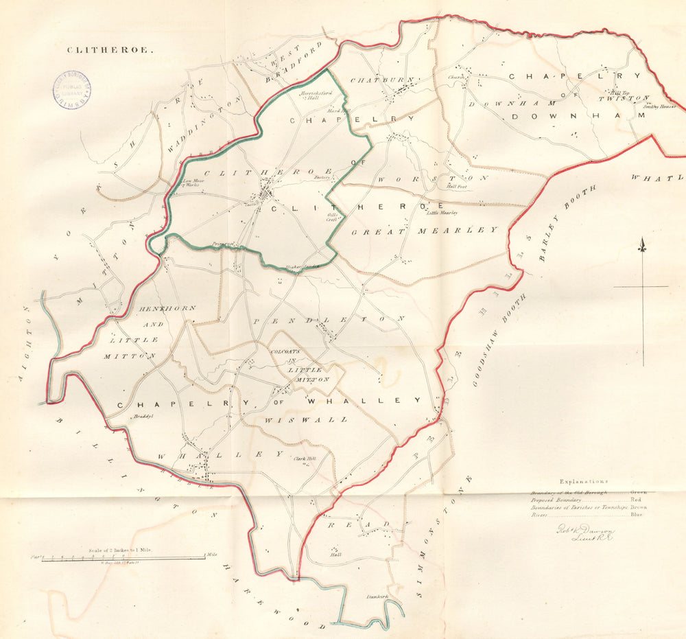 CLITHEROE town plan. REFORM ACT. Twiston Whalley. Lancashire. DAWSON 1832 map