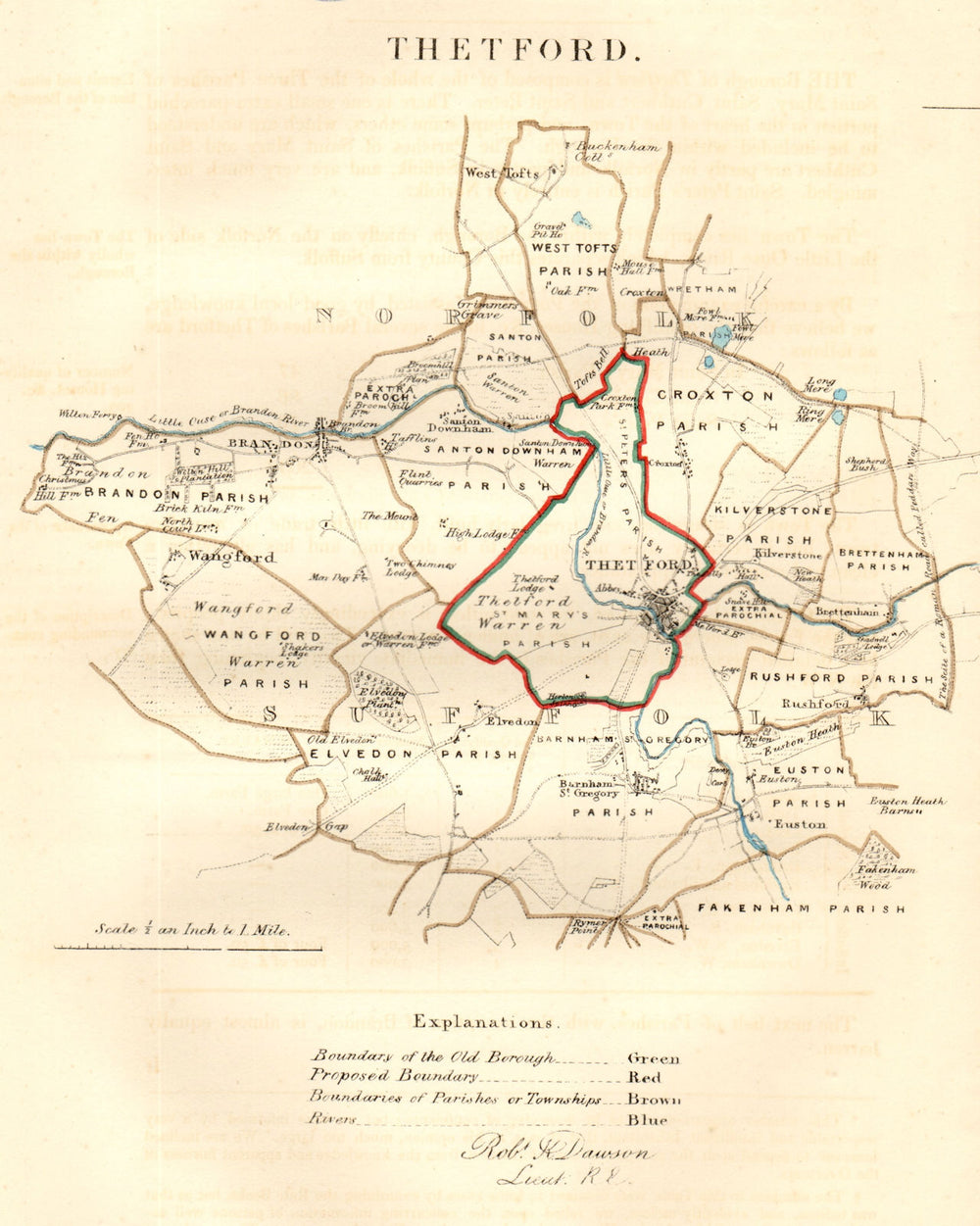 THETFORD town/borough plan for the REFORM ACT. Brandon. Norfolk. DAWSON 1832 map