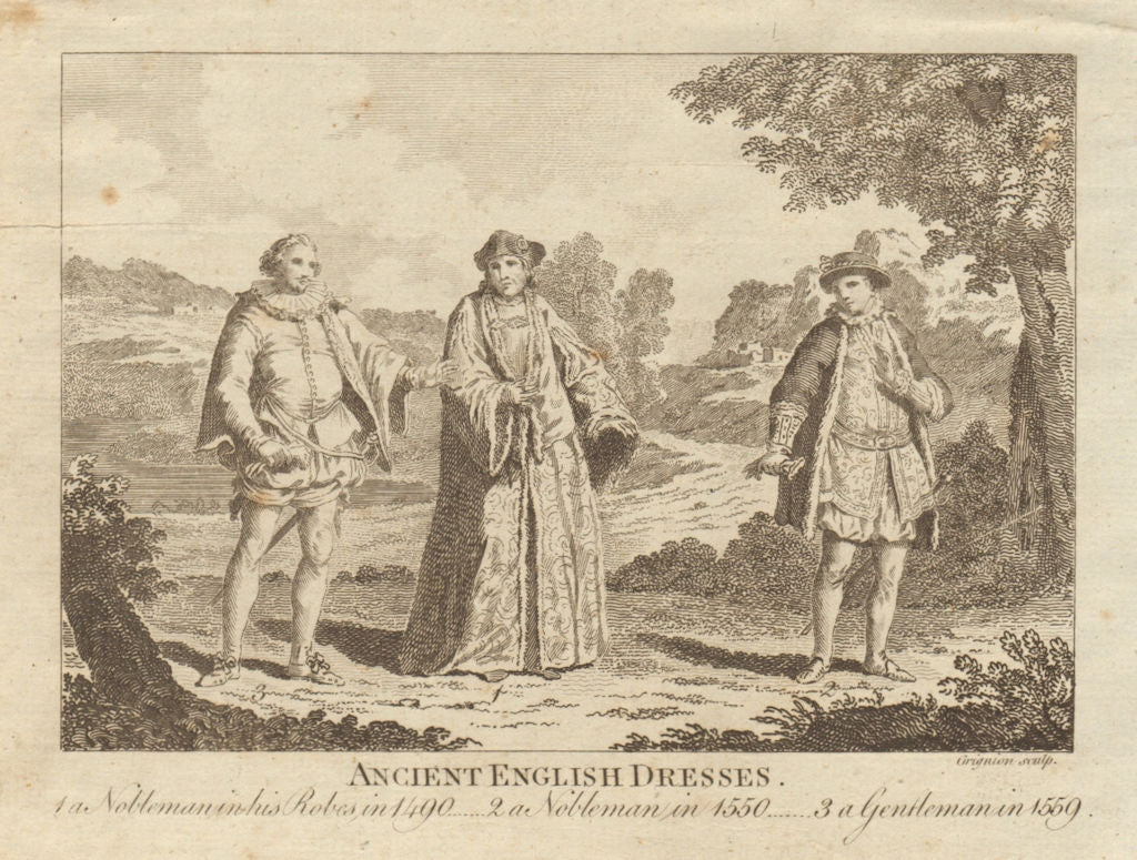 Old English dress. Nobleman in 1490 & 1550. Gentleman 1559. England. BANKES  1789 – Antiquemapsandprints.com