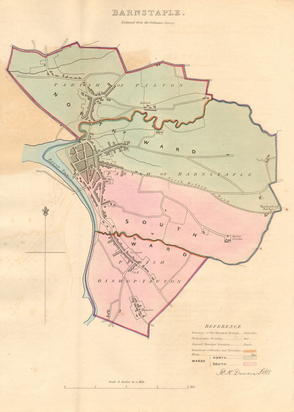 BARNSTAPLE borough/town plan. BOUNDARY REVIEW. Devon. DAWSON 1837 old map