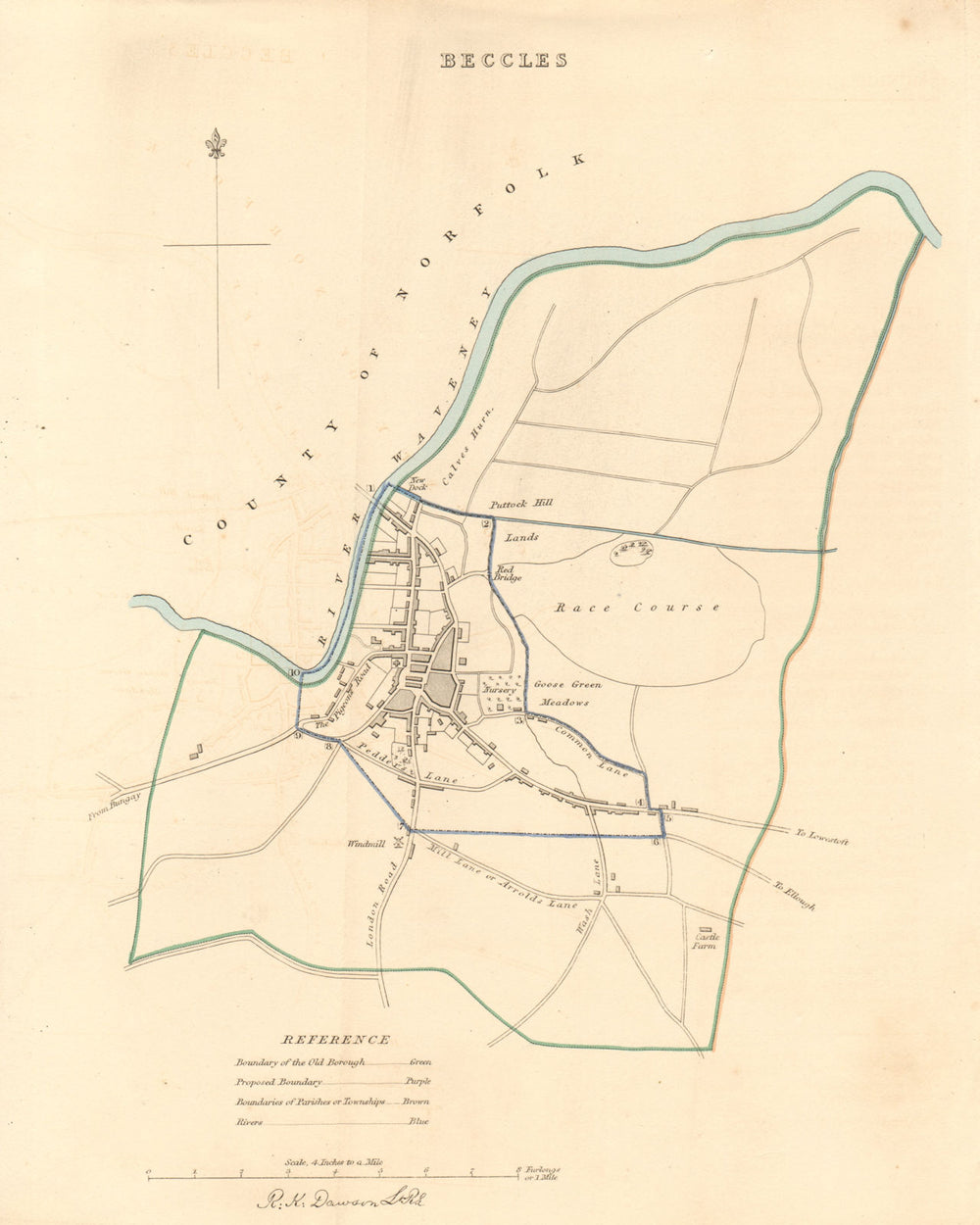 BECCLES borough/town plan. BOUNDARY REVIEW. Suffolk. DAWSON 1837 old map