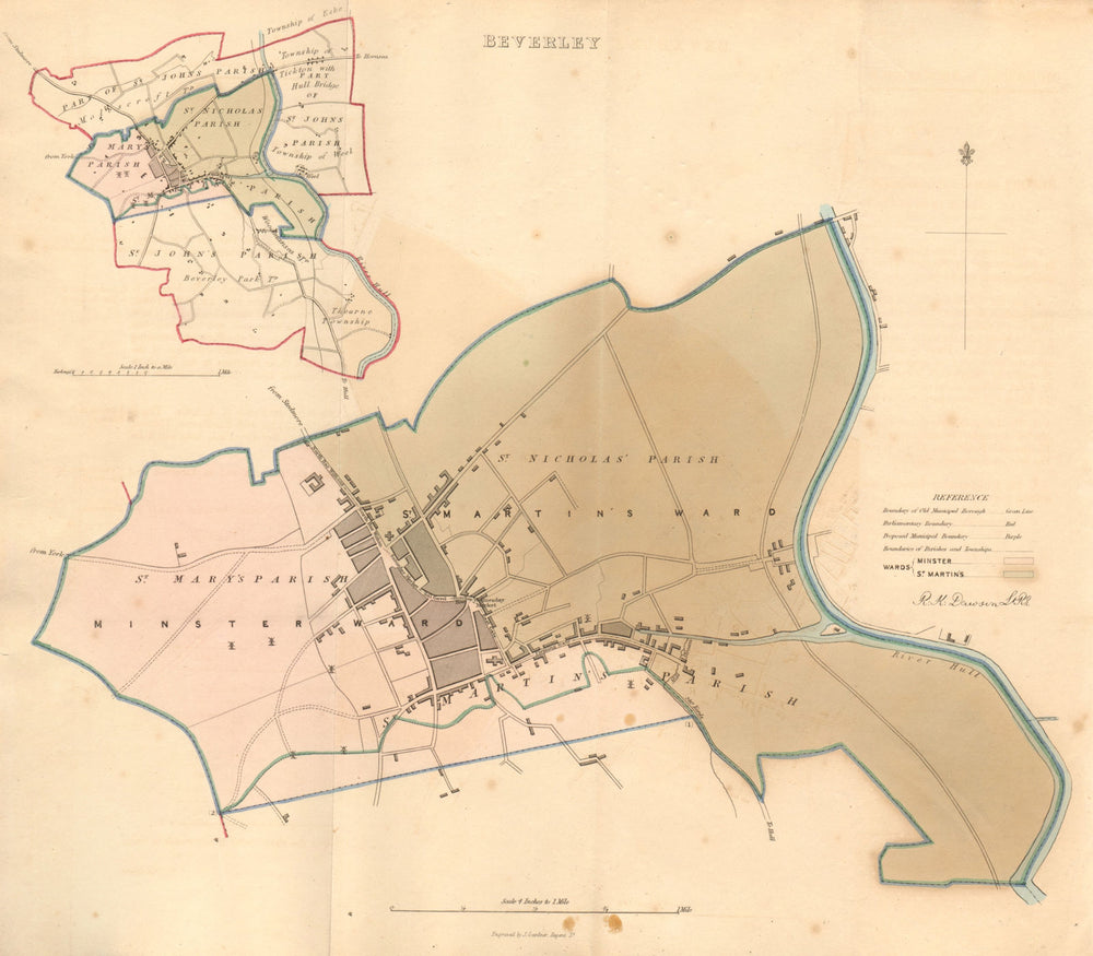 BEVERLEY borough/town plan. BOUNDARY REVIEW. Yorkshire. DAWSON 1837 old map