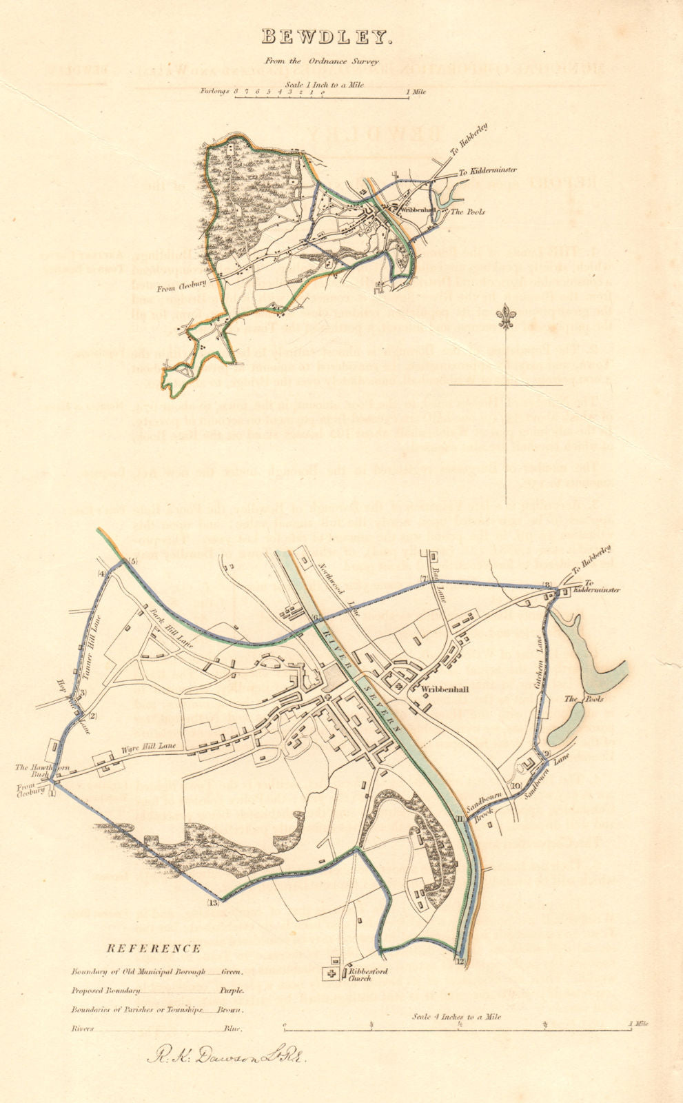 BEWDLEY borough/town plan. BOUNDARY REVIEW. Worcestershire. DAWSON 1837 map