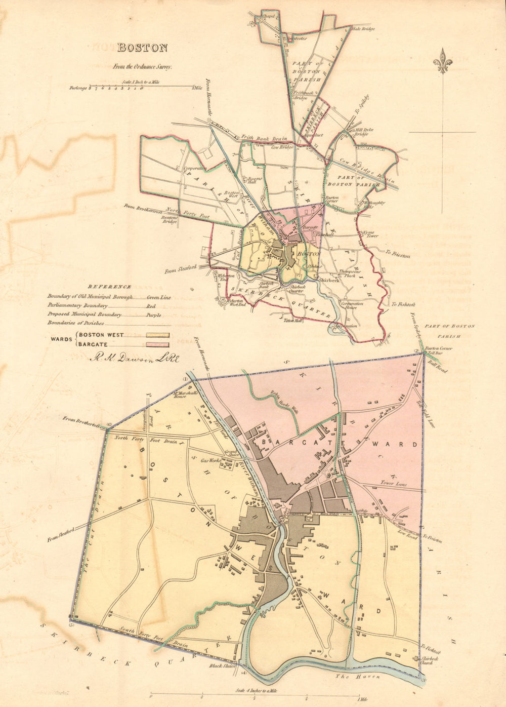 BOSTON borough/town plan. BOUNDARY REVIEW. Lincolnshire. DAWSON 1837 old map