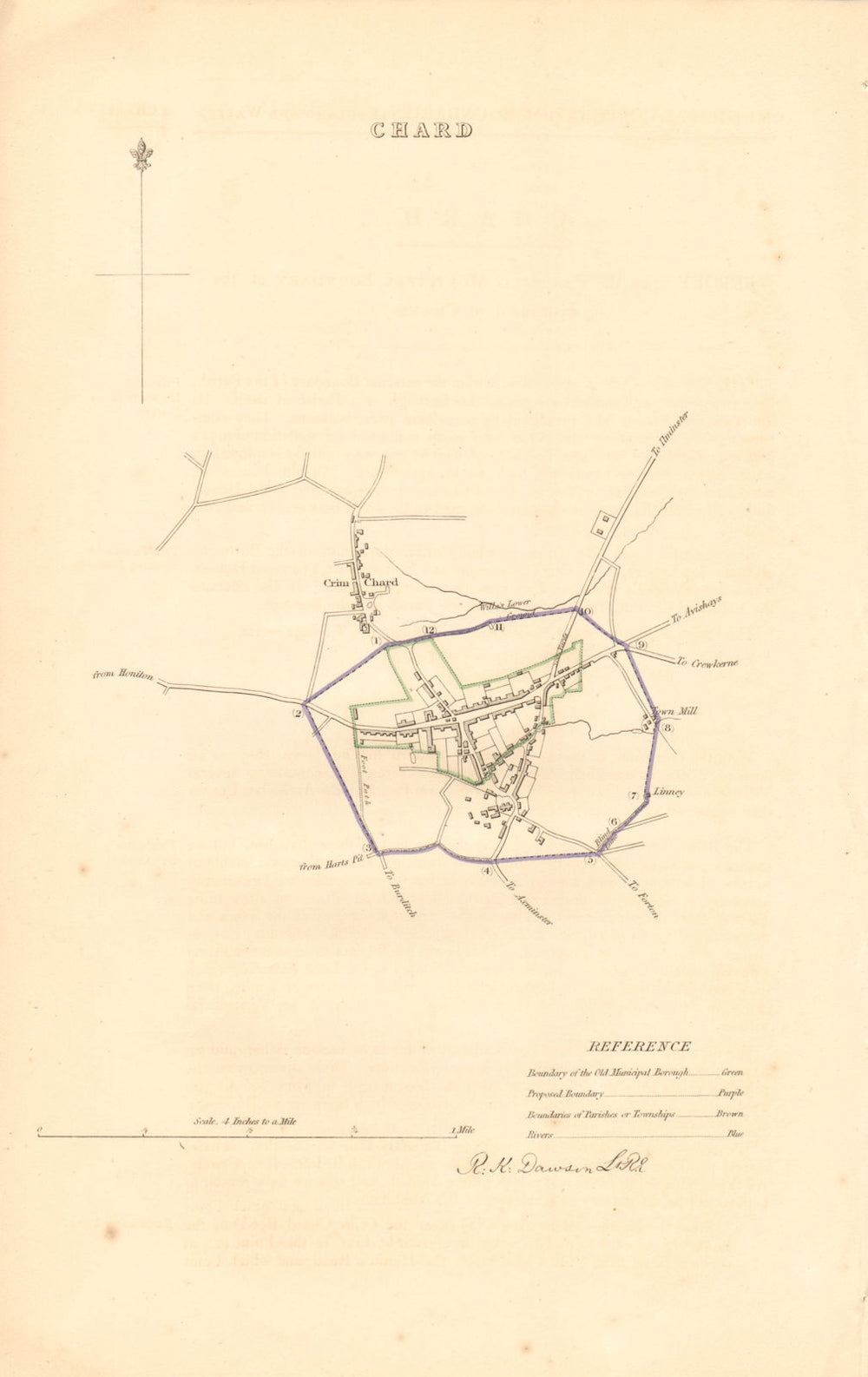 CHARD borough/town plan. BOUNDARY REVIEW. Somerset. DAWSON 1837 old map